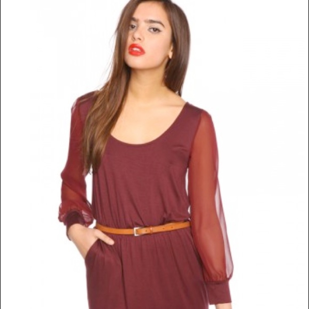 Nastygal burgundy dress with sheer sleeves